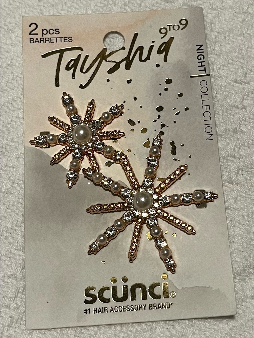 Scunci Starburst Pearl & Crystal Barrettes Gold Tone